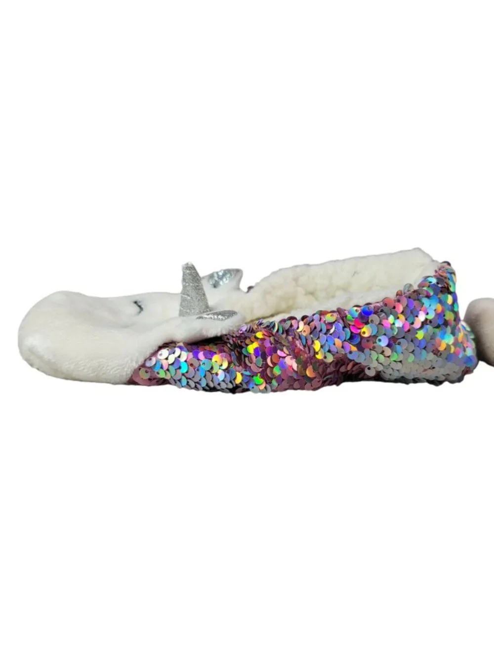 Target Unicorn Sequin Grippers Slippers White Faux Sherpa Silver Booties READ